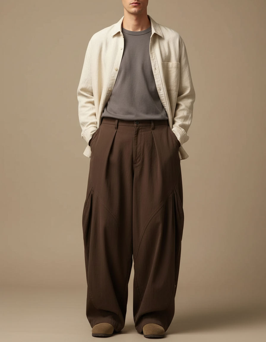Pantalon Parachute Marron Ample Plissé Homme Décontracté - Toile