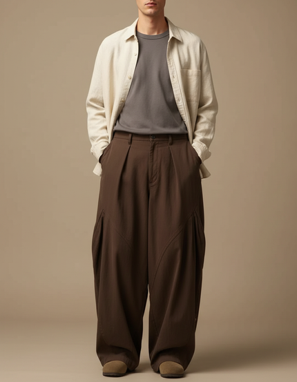 Pantalon Parachute Marron Ample Plissé Homme Décontracté - Toile