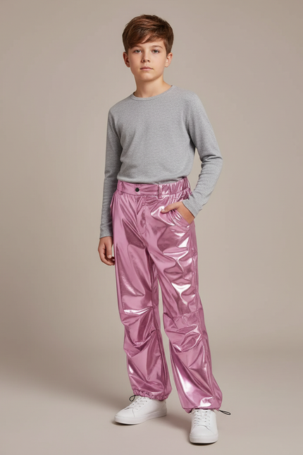 Pantalon Parachute Métallique Rose Ample Scintillant Garçon - Polyester