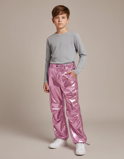 Pantalon Parachute Métallique Rose Ample Scintillant Garçon - Polyester