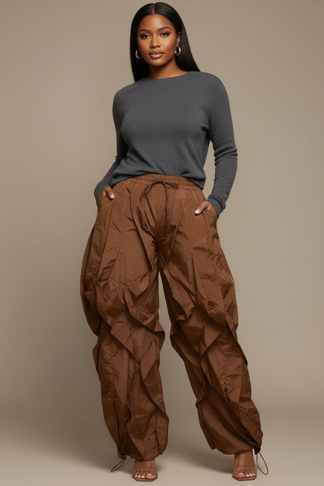 Pantalon Parachute Marron Fluide Ample Froncé Cordon - Polyester