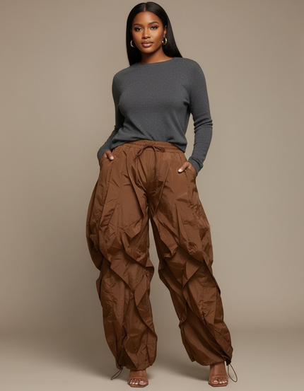 Pantalon Parachute Marron Fluide Ample Froncé Cordon - Polyester