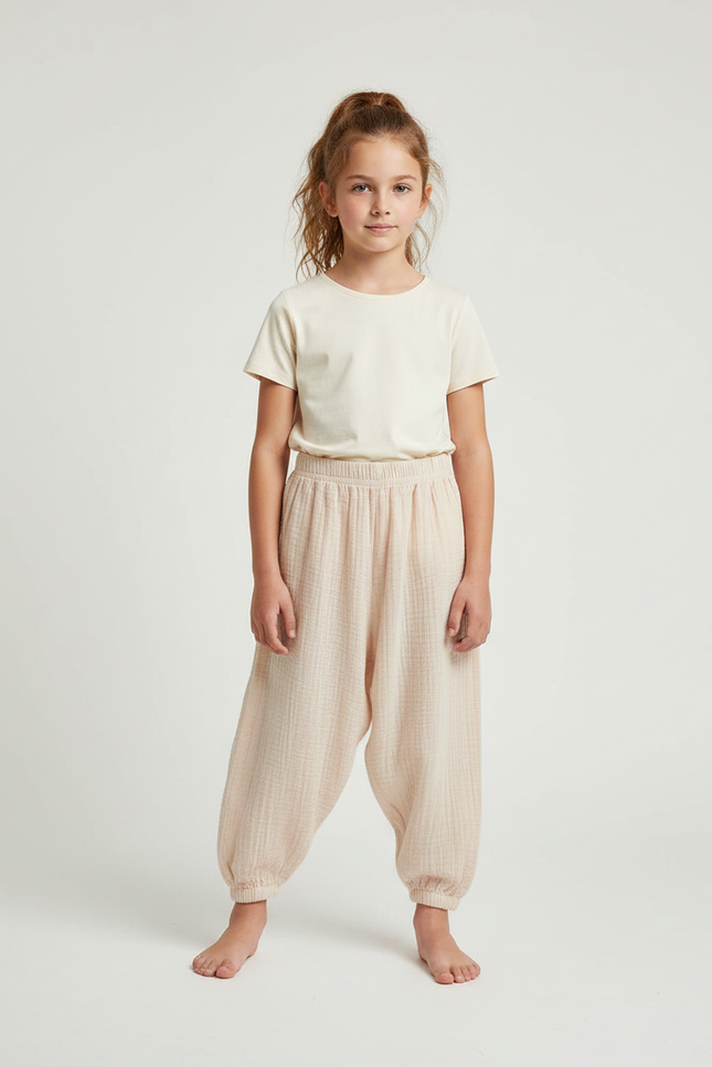 Pantalon Parachute Beige Ample Coton Enfant Fluide