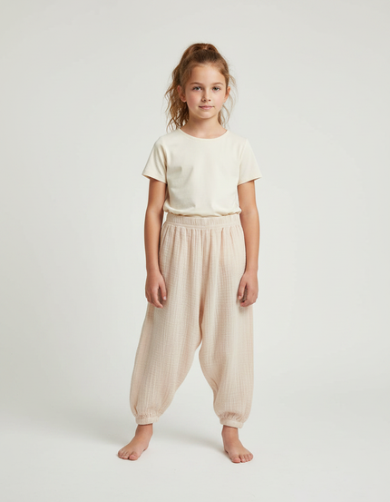 Pantalon Parachute Beige Ample Coton Enfant Fluide