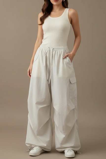 Pantalon Parachute Beige Ample Cargo Cordon Fluide - Polyester