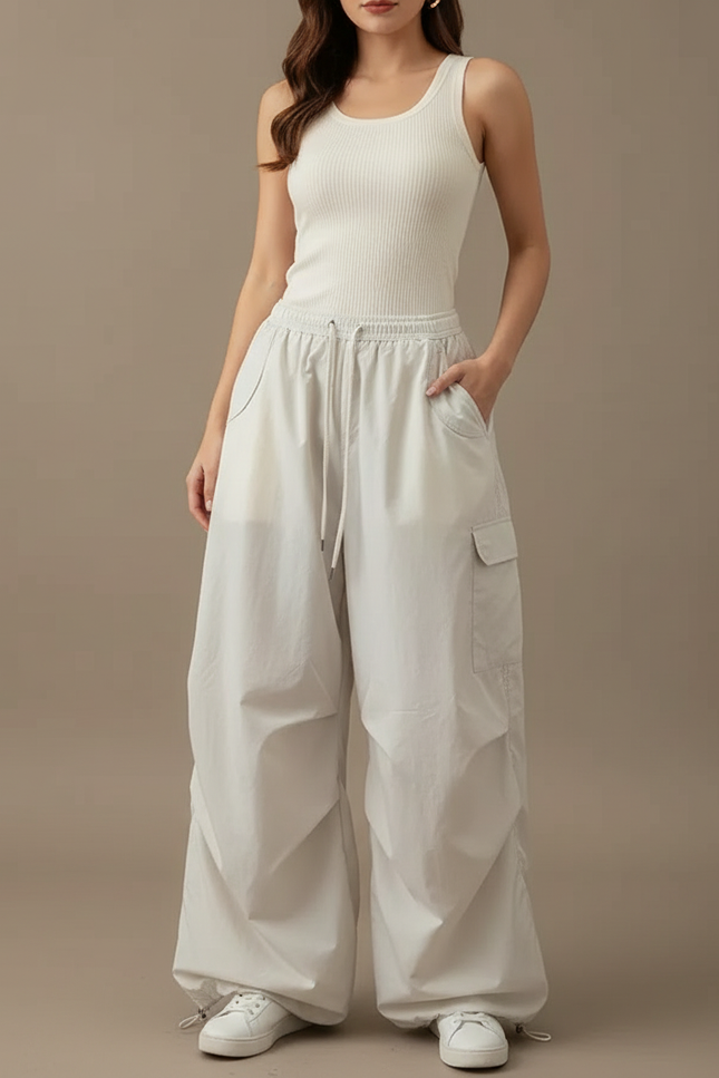 Pantalon Parachute Beige Ample Cargo Cordon Fluide - Polyester