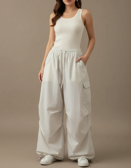Pantalon Parachute Beige Ample Cargo Cordon Fluide - Polyester