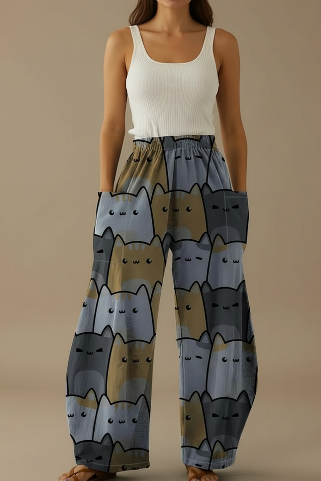 Pantalon Parachute Ample Imprimé Chats Décontracté Poches - Viscose