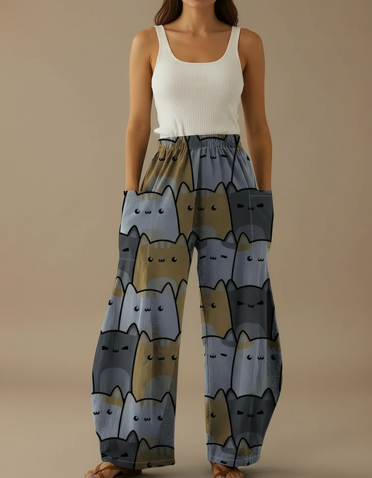 Pantalon Parachute Ample Imprimé Chats Décontracté Poches - Viscose