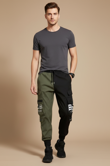 Pantalon Parachute Bicolore Cargo Imprimé Jogger - Multicolore Polyester