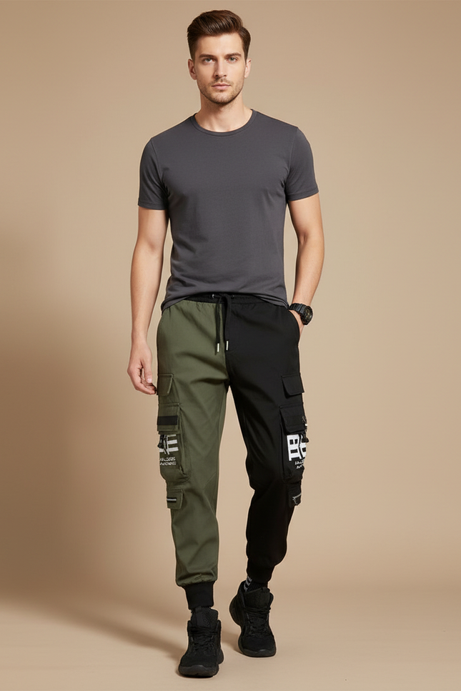 Pantalon Parachute Bicolore Cargo Imprimé Jogger - Multicolore Polyester