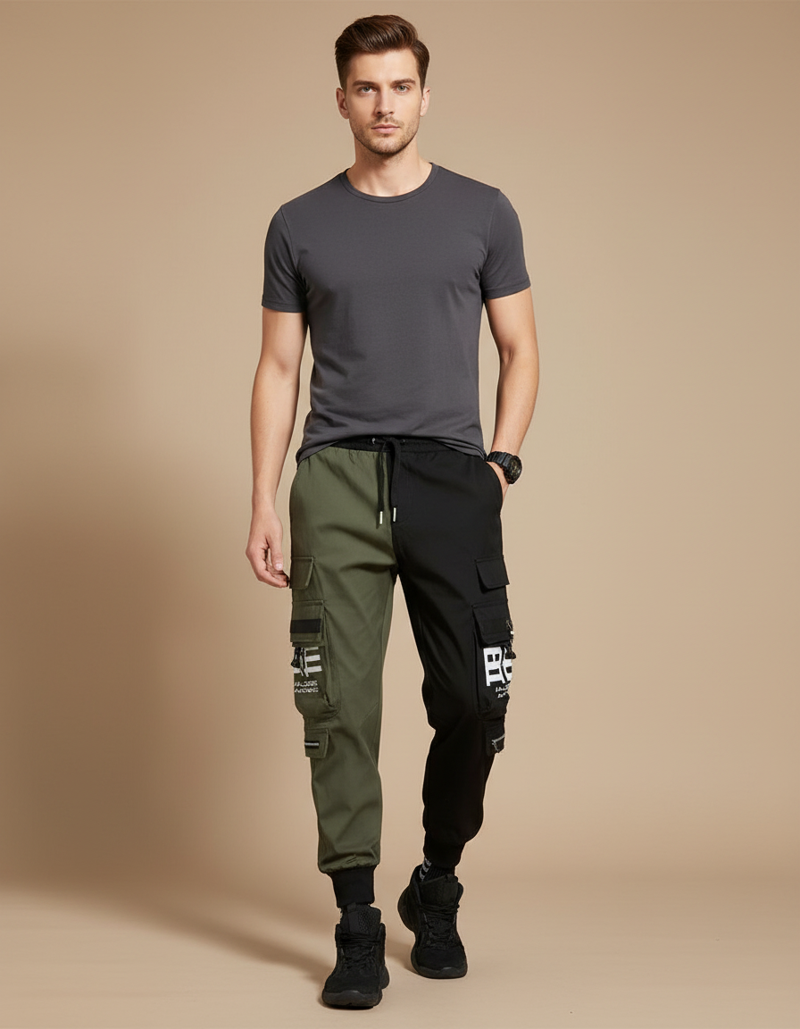 Pantalon Parachute Bicolore Cargo Imprimé Jogger - Multicolore Polyester