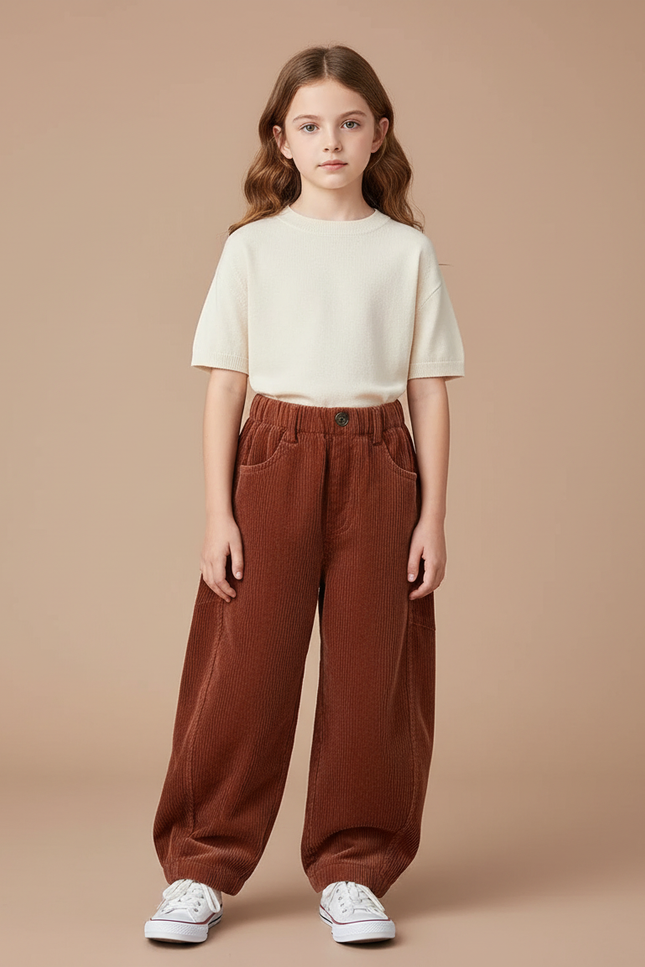 Pantalon Parachute Côtelé Marron Ample Décontracté Enfant - Cordé