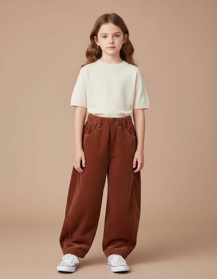 Pantalon Parachute Côtelé Marron Ample Décontracté Enfant - Cordé