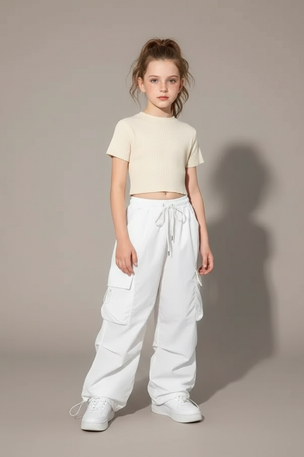 Pantalon Parachute Blanc Cargo Ample Streetwear Enfant - Polyester