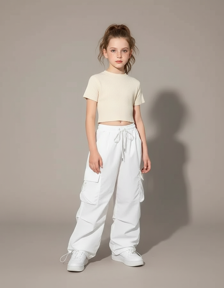 Pantalon Parachute Blanc Cargo Ample Streetwear Enfant - Polyester