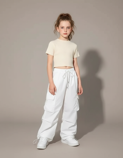Pantalon Parachute Blanc Cargo Ample Streetwear Enfant - Polyester