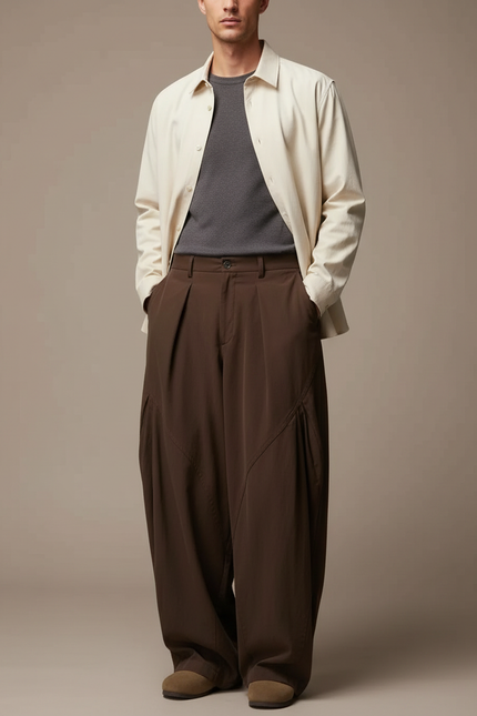 Pantalon Parachute Marron Ample Plissé Décontracté Homme - Polyester
