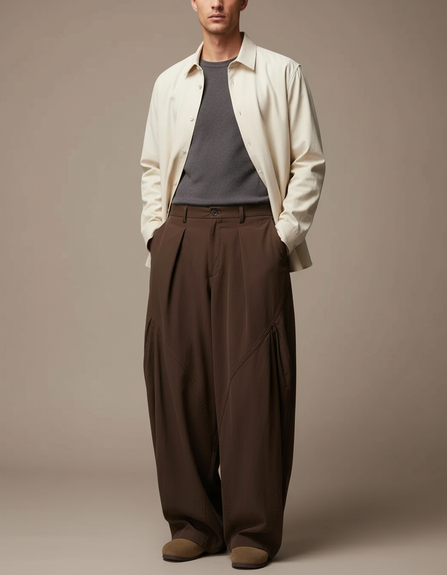 Pantalon Parachute Marron Ample Plissé Décontracté Homme - Polyester