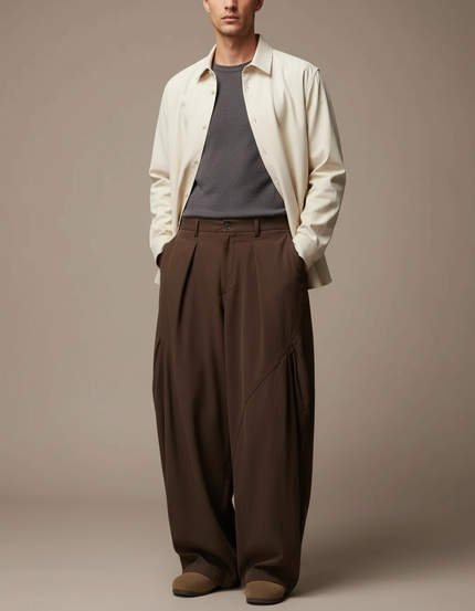 Pantalon Parachute Marron Ample Plissé Décontracté Homme - Polyester