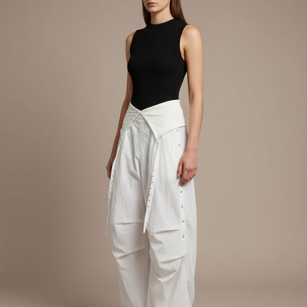 Pantalon Parachute Blanc Ample Taille Basse Décontracté Femme - Coton