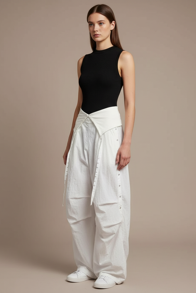 Pantalon Parachute Blanc Ample Taille Basse Décontracté Femme - Coton