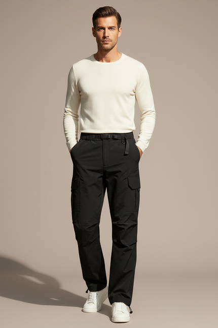 Pantalon Parachute Noir Cargo Multipoches Décontracté Homme - Polyester