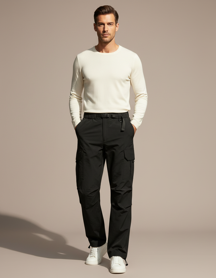 Pantalon Parachute Noir Cargo Multipoches Décontracté Homme - Polyester