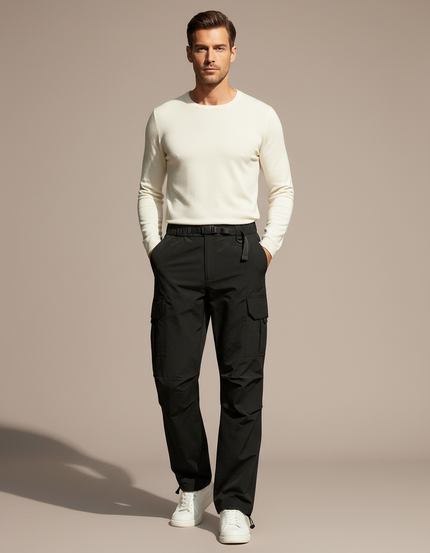 Pantalon Parachute Noir Cargo Multipoches Décontracté Homme - Polyester