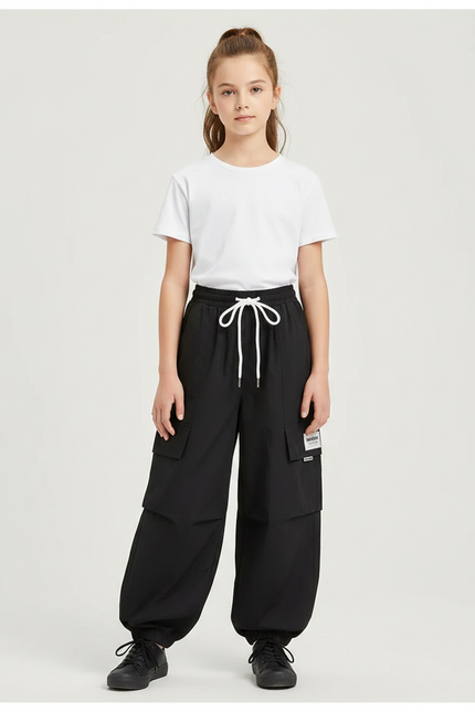 Pantalon Parachute Noir Cargo Ample Cordon Blanc - Polyester