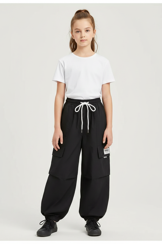 Pantalon Parachute Noir Cargo Ample Cordon Blanc - Polyester