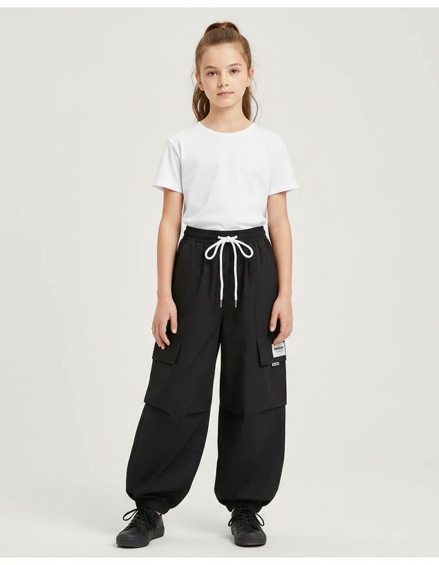 Pantalon Parachute Noir Cargo Ample Cordon Blanc - Polyester