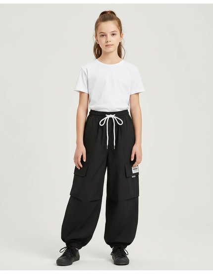 Pantalon Parachute Noir Cargo Ample Cordon Blanc - Polyester