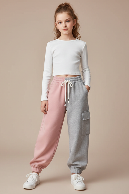 Pantalon Parachute Bicolore Ample Cargo Fille Coton - Multicolore Molleton