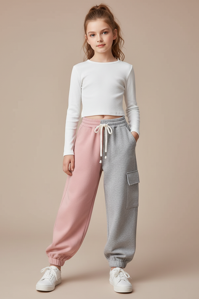 Pantalon Parachute Bicolore Ample Cargo Fille Coton - Multicolore Molleton