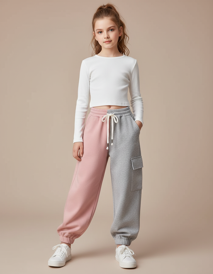 Pantalon Parachute Bicolore Ample Cargo Fille Coton - Multicolore Molleton