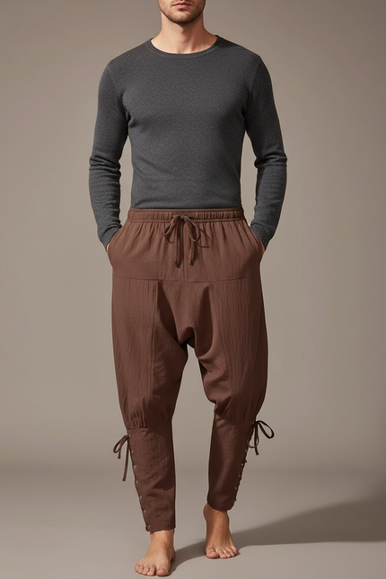 Pantalon Parachute Marron Coton Ample Lacets Homme Médiéval