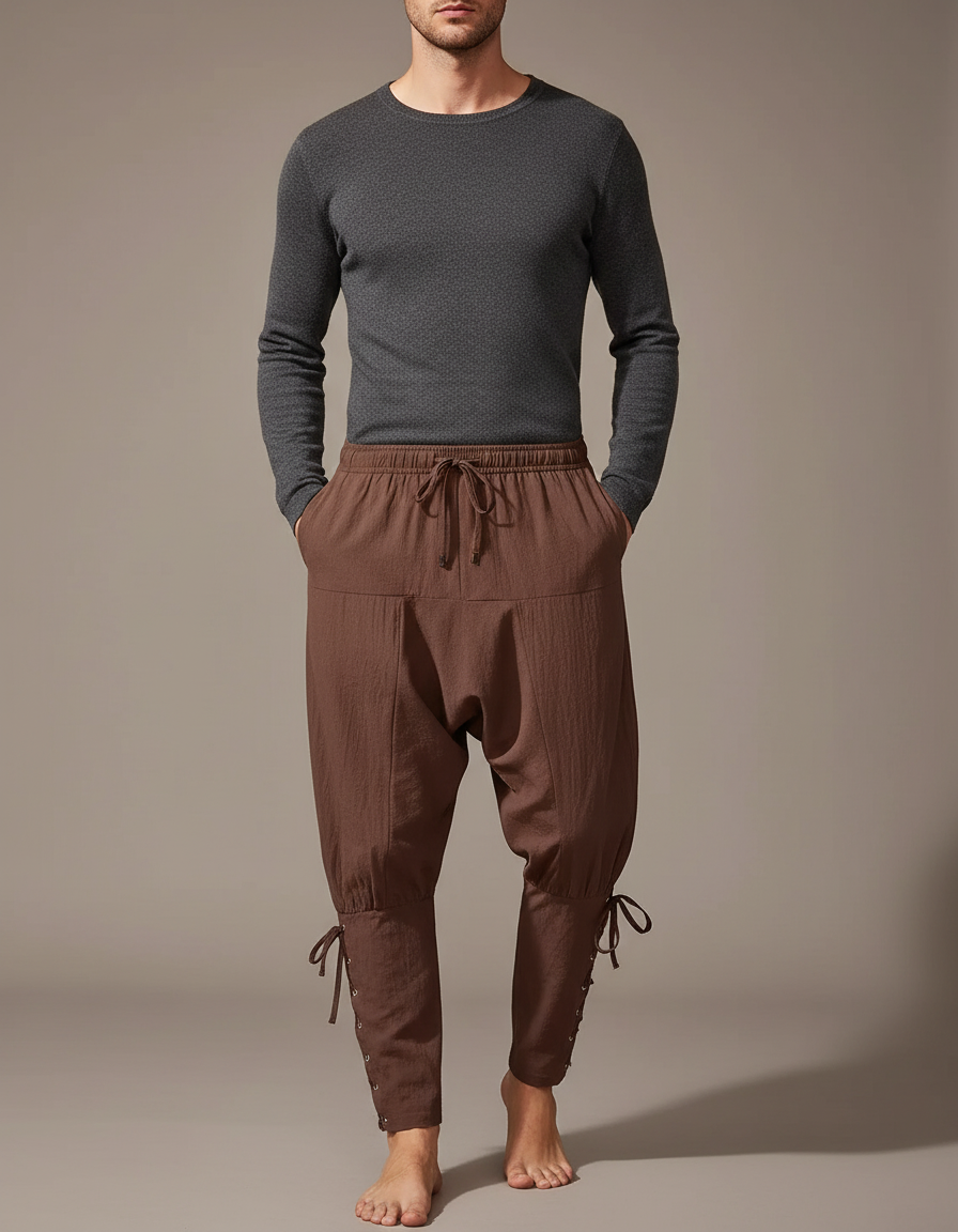 Pantalon Parachute Marron Coton Ample Lacets Homme Médiéval
