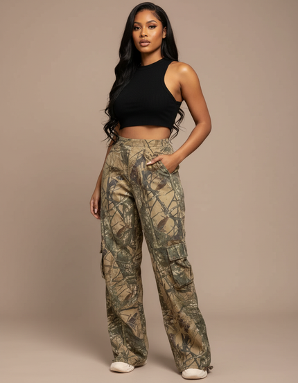 Pantalon Parachute Camouflage Ample Cargo Femme Y2K - Multicolore Toile