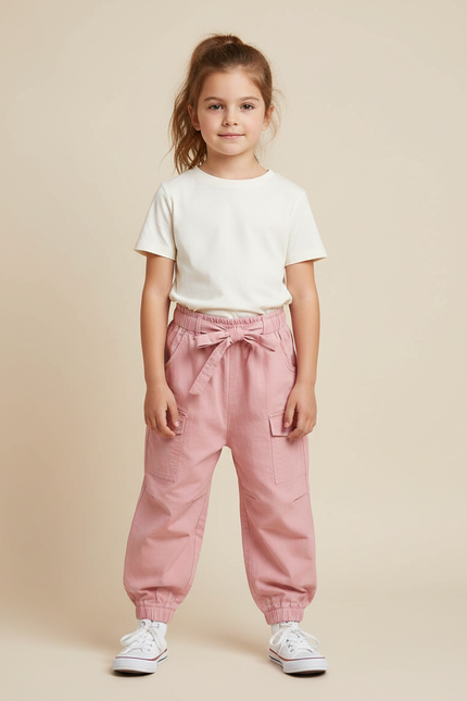 Pantalon Parachute Rose Coton Ample Fille Ceinture