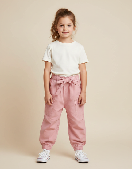 Pantalon Parachute Rose Coton Ample Fille Ceinture
