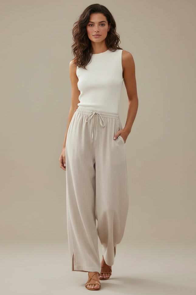 Pantalon Parachute Femme Beige Baggy Léger - Lin