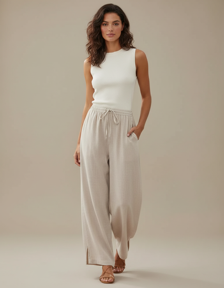 Pantalon Parachute Femme Beige Baggy Léger - Lin