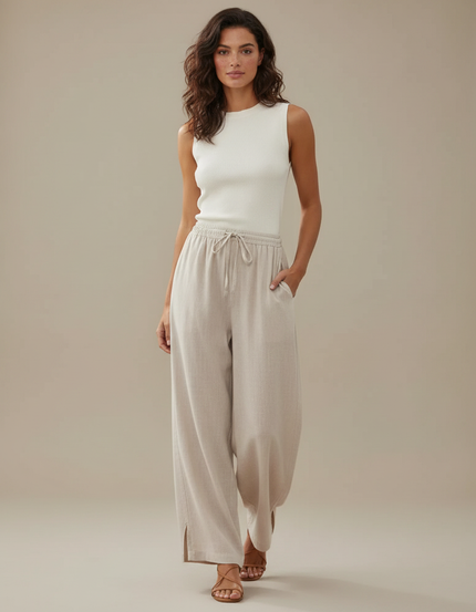 Pantalon Parachute Femme Beige Baggy Léger - Lin