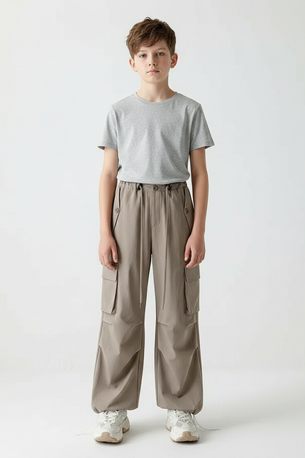 Pantalon Parachute Kaki Ample Cargo Cordon Enfant - Polyester