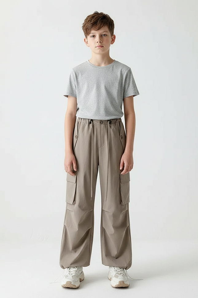 Pantalon Parachute Kaki Ample Cargo Cordon Enfant - Polyester