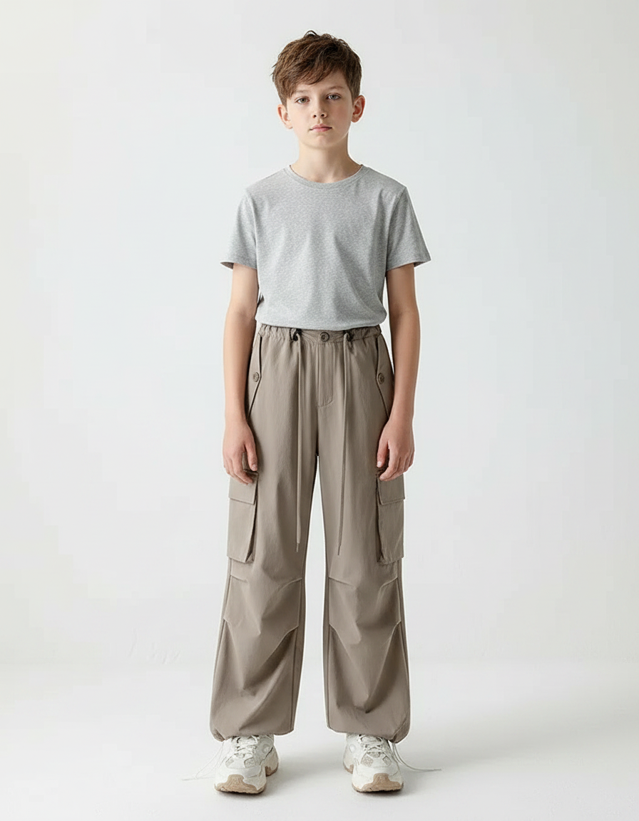 Pantalon Parachute Kaki Ample Cargo Cordon Enfant - Polyester