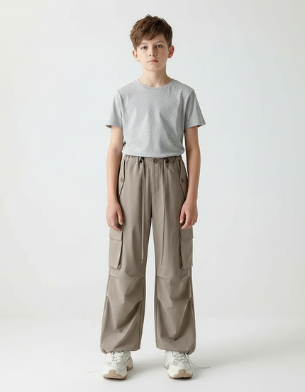 Pantalon Parachute Kaki Ample Cargo Cordon Enfant - Polyester