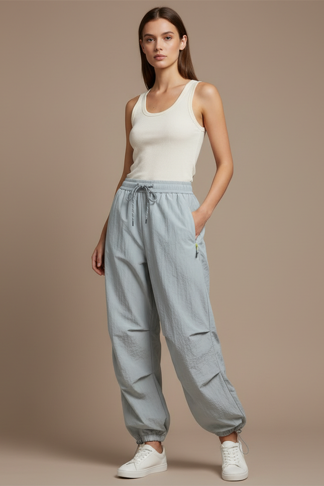 Pantalon Parachute Gris Femme Décontracté Lâche Léger - Polyester