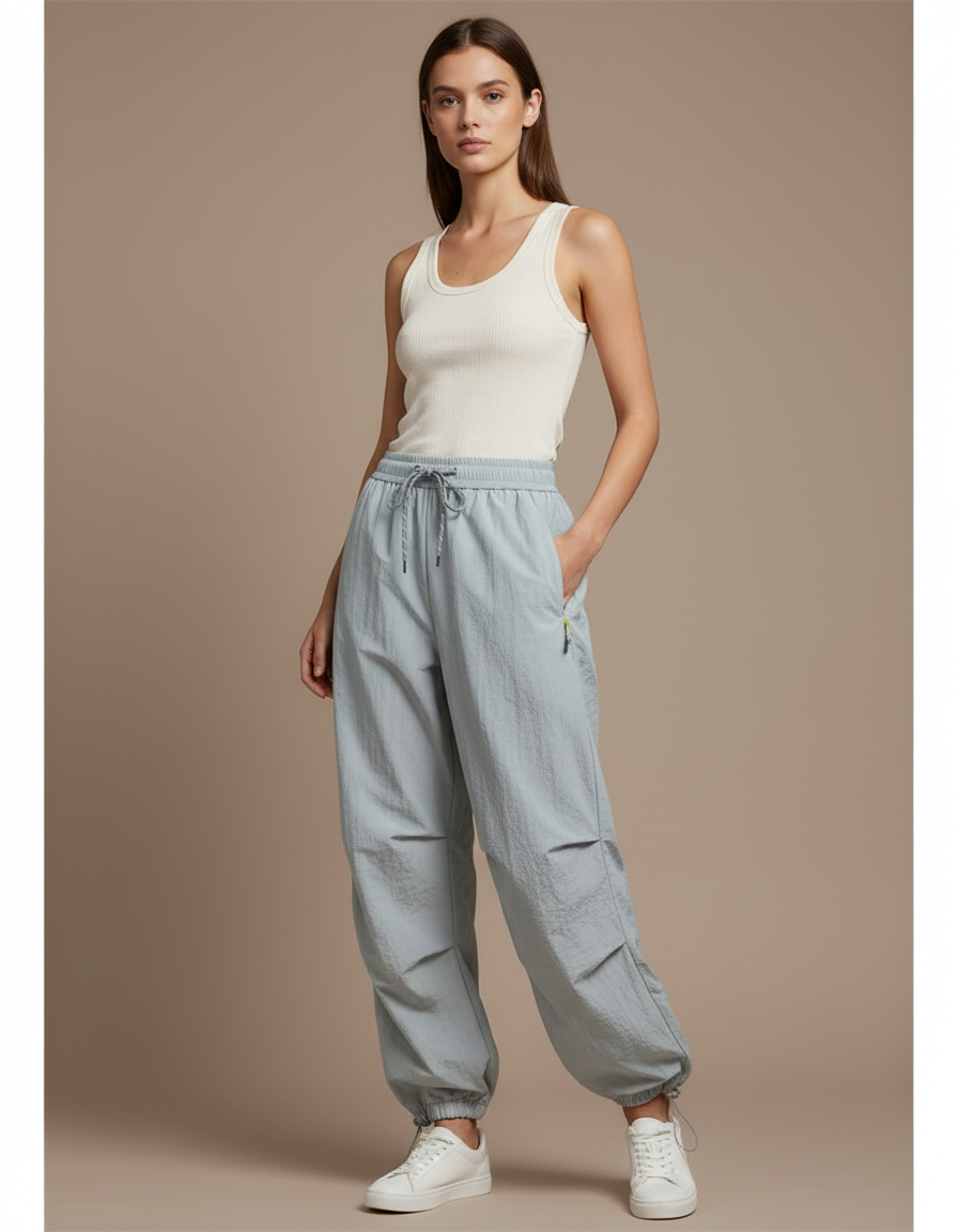 Pantalon Parachute Gris Femme Décontracté Lâche Léger - Polyester